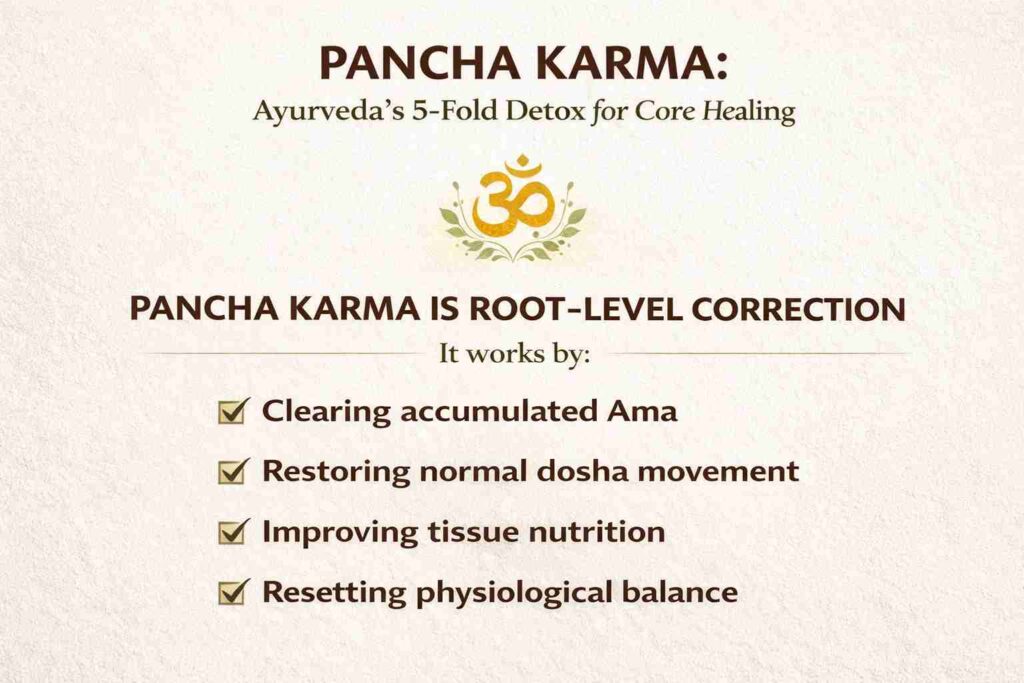 Infographic explaining Pancha Karma, Ayurveda’s detox process, highlighting its ability to restore balance by clearing toxins and improving tissue nutrition.