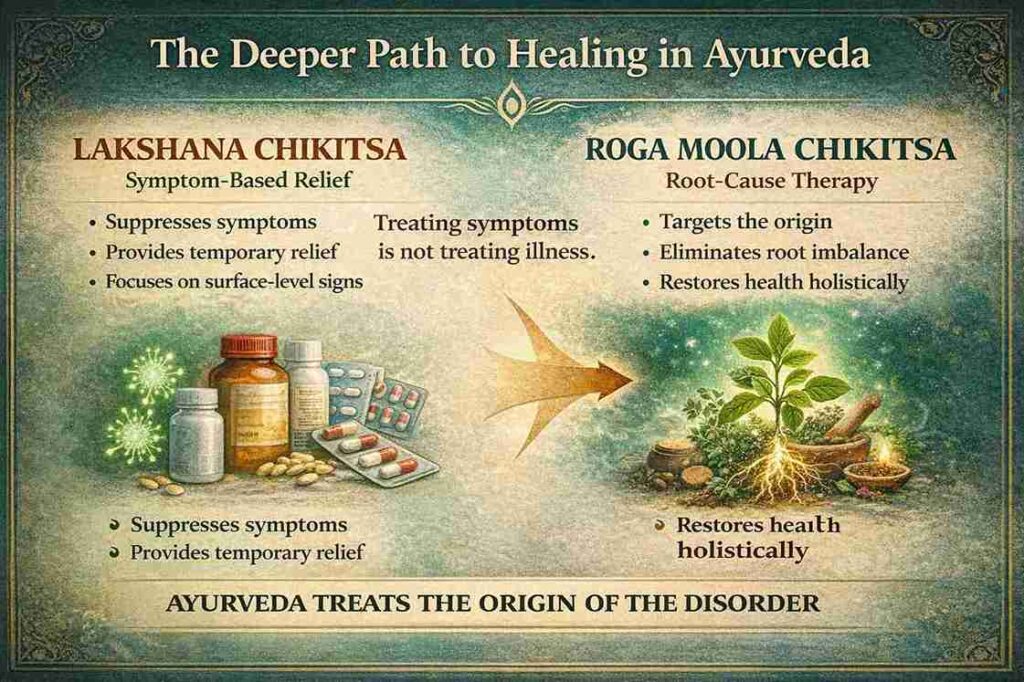 A comparative infographic of Lakshana Chikitsa (symptom-based relief) and Roga Moola Chikitsa (root-cause therapy) in Ayurveda, emphasizing the holistic healing approach.