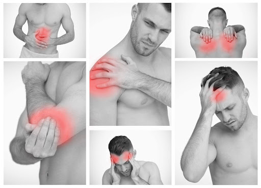 Body pain symptoms in men including joint pain, back pain, headache and digestive discomfort