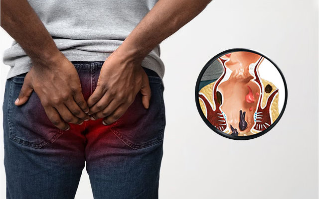 Person holding red, painful anal area with inset diagram showing hemorrhoids and inflammation for medical awareness.
