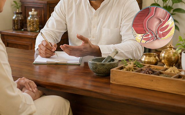 Ayurvedic consultation for fistula treatment with herbal remedies and anal fistula illustration