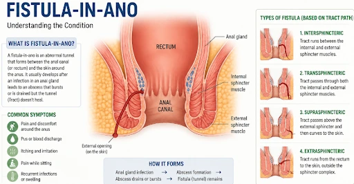 Fistula-in-ano anatomy diagram showing symptoms, causes and types of anal fistula