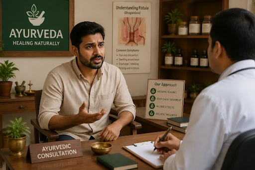 Ayurvedic doctor consulting patient about fistula-in-ano symptoms and natural treatment options