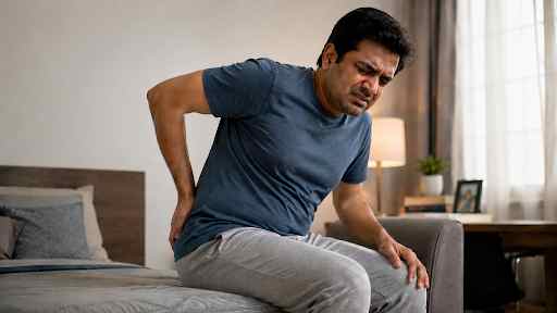 Middle-aged man sitting on a couch holding lower back and buttocks in discomfort, illustrating hemorrhoid pain and discomfort at home.