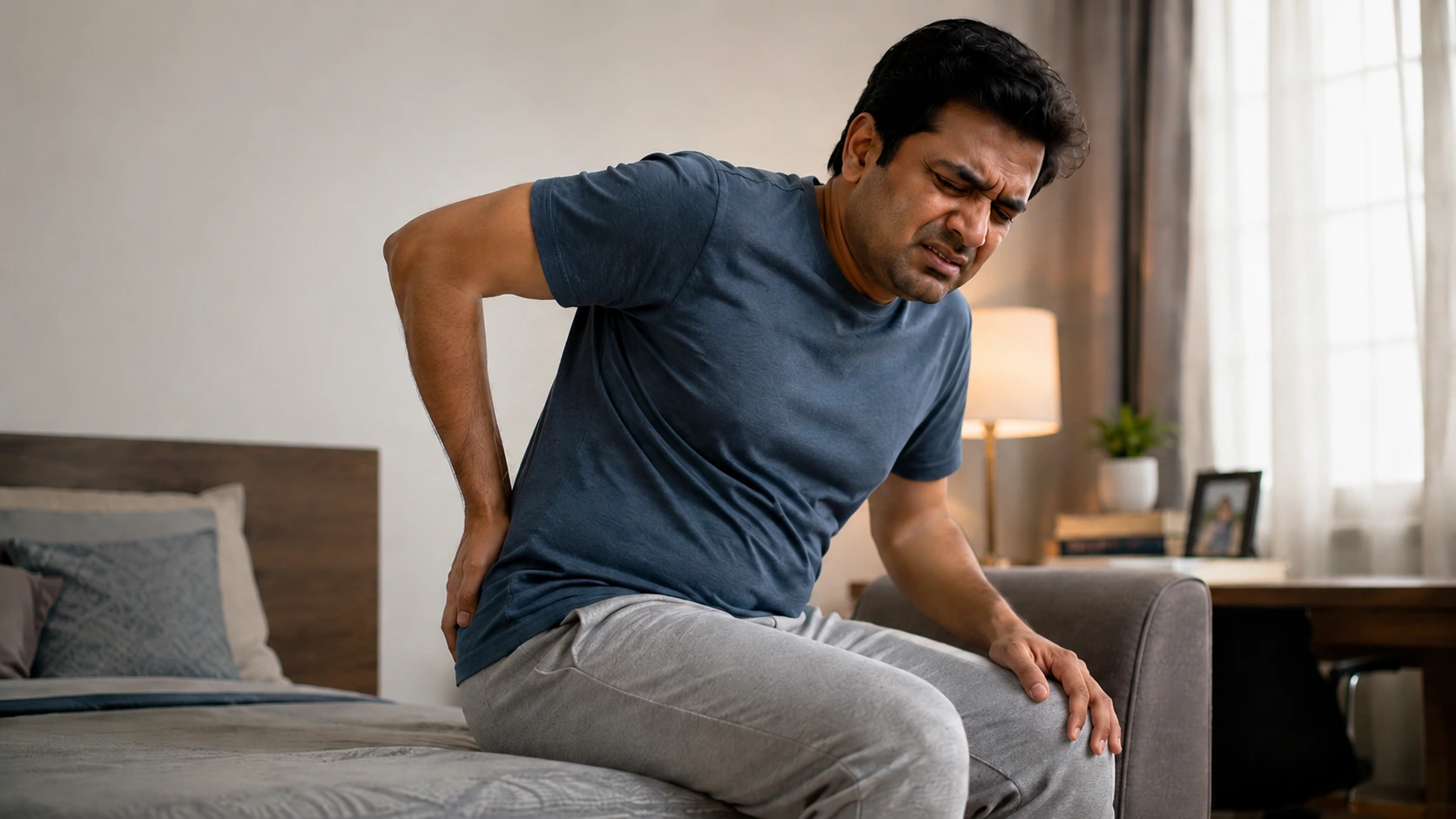 Middle-aged man sitting on a couch holding lower back and buttocks in discomfort, illustrating hemorrhoid pain and discomfort at home.
