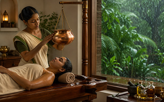 Ayurvedic therapist performing Panchakarma treatment during monsoon
