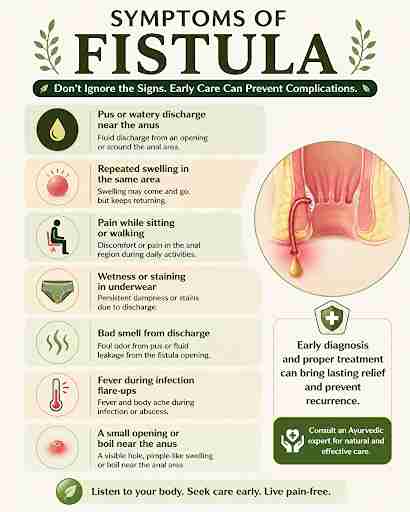 Anal fistula symptoms infographic showing pus discharge, recurring swelling, pain, wetness, bad smell, fever and an opening near the anus