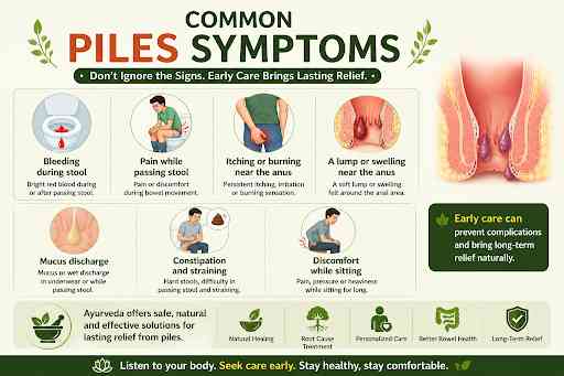 Common piles symptoms infographic showing rectal bleeding, pain, itching, swelling, mucus discharge, constipation and discomfort while sitting