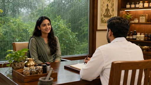 Female patient consulting Ayurveda doctor at holistic health centre