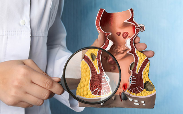 Medical illustration showing hemorrhoids and rectal anatomy used for understanding piles and anal health conditions