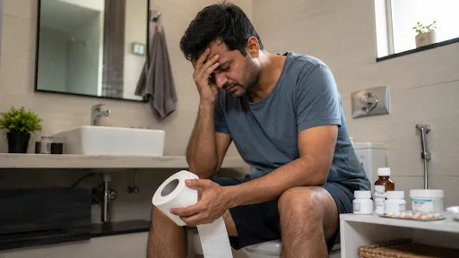 Man experiencing discomfort while sitting in the bathroom, representing digestive issues, piles symptoms, and rectal health concerns