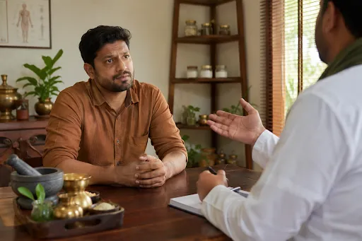 Ayurvedic doctor consulting with a male patient about health concerns during a natural wellness treatment consultation