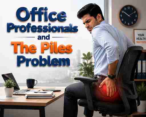 Office professional experiencing piles pain due to prolonged sitting and sedentary work habits
