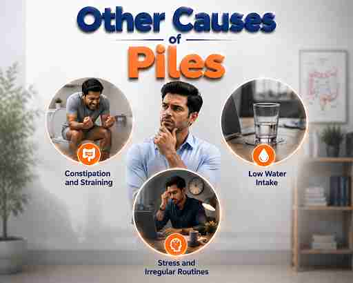 Common causes of piles including constipation, straining, low water intake, stress, and irregular lifestyle routines
