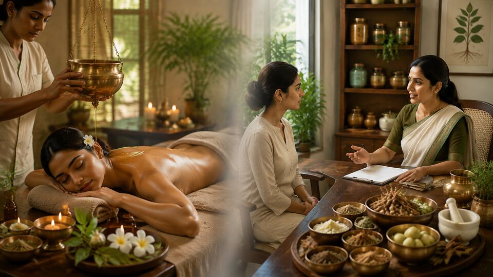Ayurvedic doctor discussing personalised wellness care with a patient alongside traditional herbal treatments and massage therapy