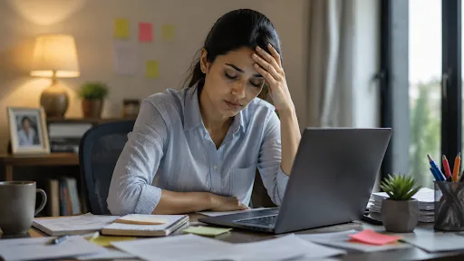 Woman experiencing stress and anxiety while working on laptop, highlighting the need for Ayurvedic stress management and mental wellness care