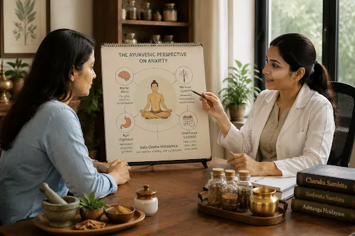 Ayurvedic doctor explaining anxiety management through holistic Ayurvedic principles and personalised wellness consultation