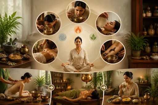 Ayurvedic wellness therapies including massage, herbal treatments, detox practices and lifestyle guidance for overall health