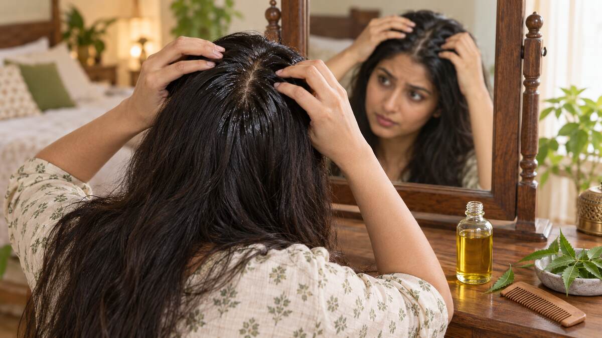 Indian woman examining her scalp for dandruff while looking in a mirror, with hair oil and herbal ingredients on a wooden dressing table.