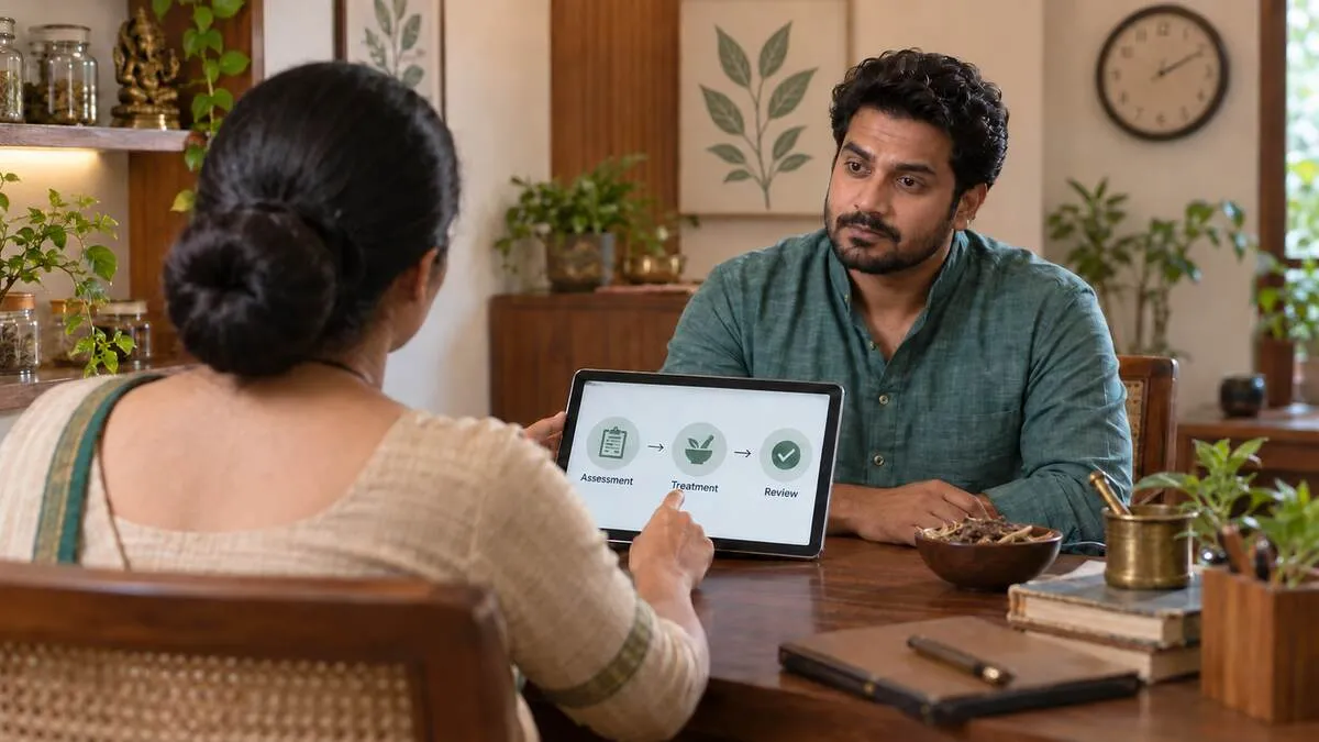 Indian Ayurvedic practitioner consulting a female patient in a traditional clinic, explaining a personalised treatment plan involving assessment, treatment and follow-up review.