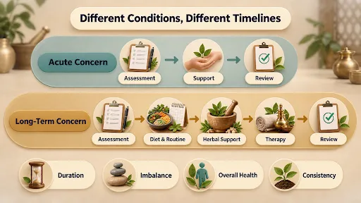 Ayurvedic treatment timeline infographic showing assessment, dietary guidance, herbal support, therapy and regular reviews for acute and long-term health concerns.